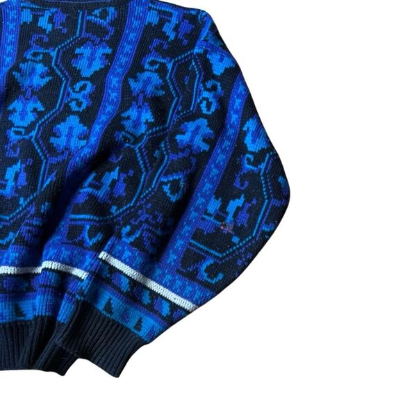 American Vintage 80s 90s Blue Geometric Pattern Oversized Sweater Large - Picture 3 of 3